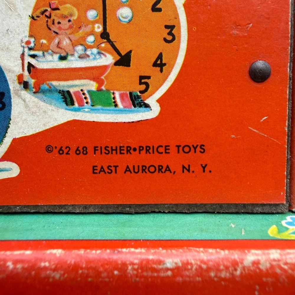 Vintage 1968 Fisher Price 998 Music Box Teaching Clock Kids Red Wood Toy TESTED